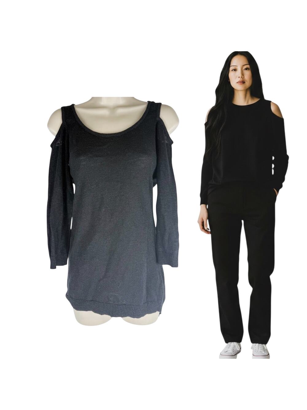 Bebe Cold Shoulder Sweater Black Glitter High Low Hem Size S